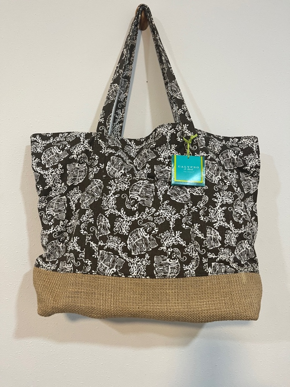 Calypso St. Barth Brown Canvas Tote with White Elephant Print